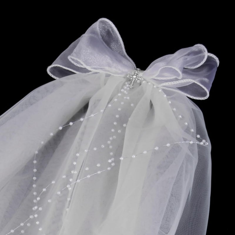 Merroyal Girls Communion Bow and Dangle Cross Charm with 24 Inch Veil on Hair Comb,with White Floral Crown - Image 4